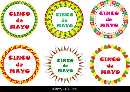 Cinco de Mayo set of round frames with space for text. Isolated on white background. Vector illustration. Stock Vector