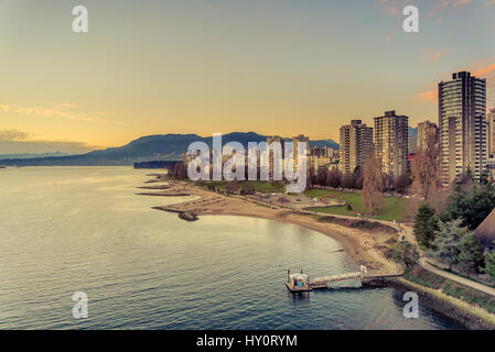 Sunset Beach Park and West side view from Burrard Bridge in Vancouver, BC, Canada during sunset. Stock Photo