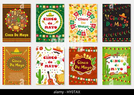 Cinco de Mayo set greeting card, template for flyer, poster, invitation. Mexican celebration with traditional symbols. Collection with bunting, sambrero, tequila, cactus, maracas. Vector illustration. Stock Vector