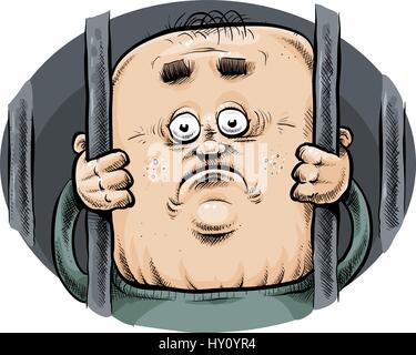 A cartoon prisoner looks sadly from behind bars. Stock Vector