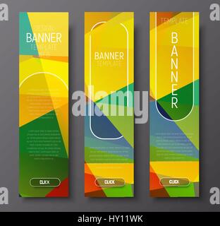 Set of vertical web banners with abstract colorful polygonal background with transparent elements and buttons. Vector illustration Stock Vector
