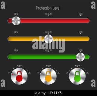 set of sliders and round buttons for different levels of protection. Templates for the interface or web site, applications with a fingerprint and padl Stock Vector