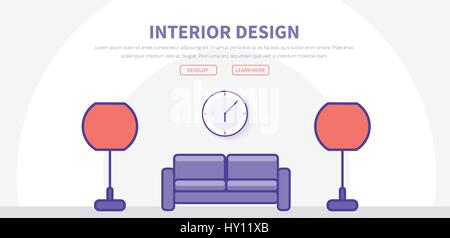 Template header with buttons for web site with interior design of a light room with a sofa, round lamps and a clock. Vector illustration Stock Vector