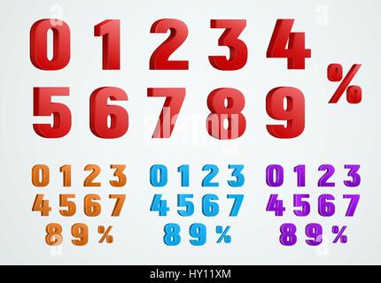 set of 3D numbers from 0 to 9 and a percentage sign. Templates of red, blue and purple. Vector illustration Stock Vector