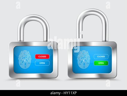 Chromed Padlock, with blue display with fingerprint for protection control, and opening and closing buttons. Vector illustration Stock Vector