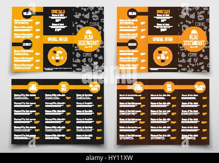 Design of triple folding menus for cafes and restaurants. The brochure templates are black and brown with orange elements, drawings by hand, a list of Stock Vector