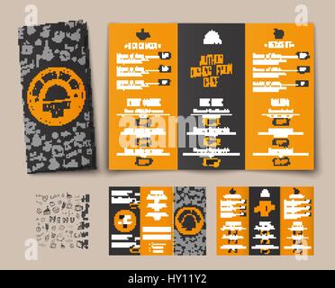 Design of a folding menu for cafes and restaurants. The brochure template is black-orange, with drawings by hand, a logo and a list of dishes and a dr Stock Vector