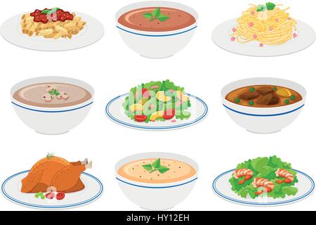 Different kinds of food on plates and bowls illustration Stock Vector