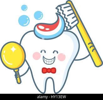 Cartoon Tooth With Toothpaste And Mirror Stock Vector