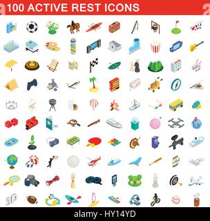 100 active rest icons set, isometric 3d style Stock Vector