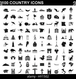 100 country icons set, simple style Stock Vector