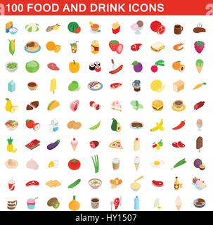 100 food and drink icons set, isometric 3d style Stock Vector