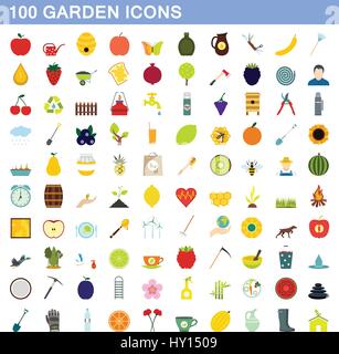 100 garden icons set, flat style Stock Vector