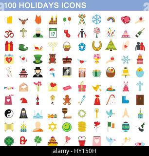100 holidays icons set, flat style Stock Vector