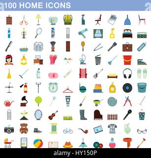 100 home icons set, flat style Stock Vector