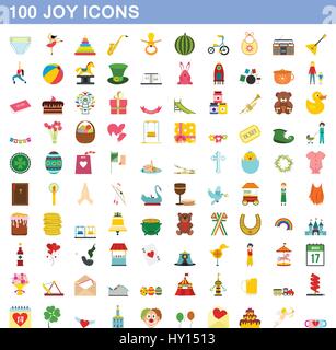 100 joy icons set, flat style Stock Vector