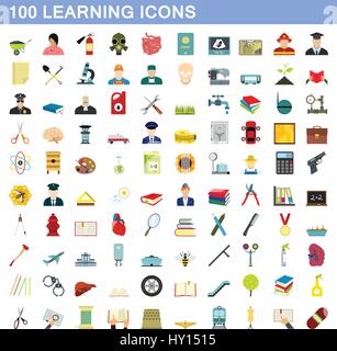 100 learning icons set, flat style Stock Vector