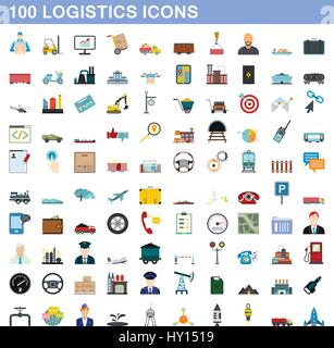 100 logistics icons set, flat style Stock Vector