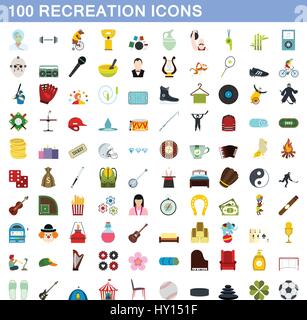 100 recreation icons set, flat style Stock Vector