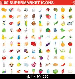 100 supermarket icons set, isometric 3d style Stock Vector