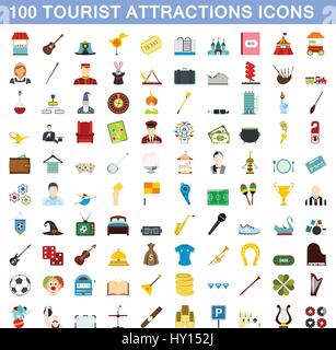 100 tourist attraction icons set, flat style Stock Vector