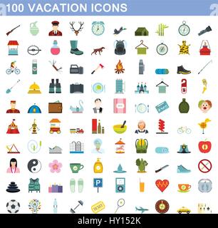 100 vacation icons set, flat style Stock Vector