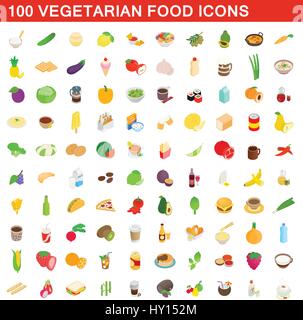 100 vegetarian food icons set, isometric 3d style Stock Vector