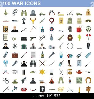 100 war icons set, flat style Stock Vector