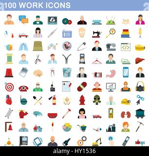 100 work icons set, flat style Stock Vector