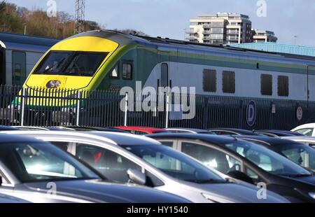 A train sits idle at Heuston Station in Dublin as commuters faced travel disruption across Ireland after the Bus Eireann strike spread to other transport services. Issue date: Friday March 31, 2017.The unannounced secondary pickets forced the cancellation of almost all Dart services in Dublin and many commuter and intercity train services nationwide. Dublin Bus said it was experiencing "severe disruption" to services as a result of "orchestrated secondary picketing" at depots by Bus Eireann employees. See PA story transport Bus Ireland. Photo credit should read: Brian Lawless/PA Wire Stock Photo