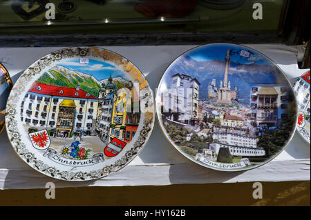 Two colourful painted plates with images of Innsbruck on sale, Innsbruck, tirol, Austria Stock Photo