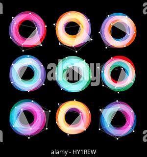 Unusual abstract geometric shapes vector logo set. Circular colorful logotypes collection on the black background. Stock Vector