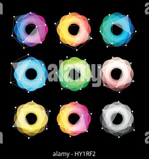 Unusual abstract geometric shapes vector logo set. Circular, polygonal colorful logotypes collection on the black background. Stock Vector