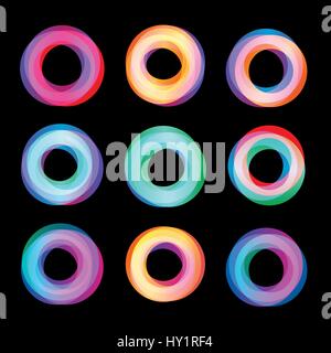 Unusual abstract geometric shapes vector logo set. Circular, polygonal colorful logotypes collection on the black background. Stock Vector