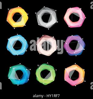 Unusual abstract geometric shapes vector logo set. Circular, polygonal colorful logotypes collection on the black background. Stock Vector