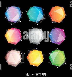 Unusual abstract geometric shapes vector logo set. Polygonal colorful logotypes collection on the black background. Stock Vector
