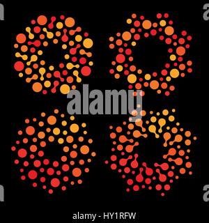 Isolated abstract round shape orange and red color logo set, dotted stylized sun logotype collection on black background vector illustration Stock Vector