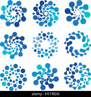 Isolated abstract round shape blue color logo set, dotted logotype collection, water element vector illustration on white background Stock Vector