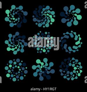 Isolated abstract round shape blue color logo set, dotted logotype collection, water swirl element vector illustration on black background Stock Vector