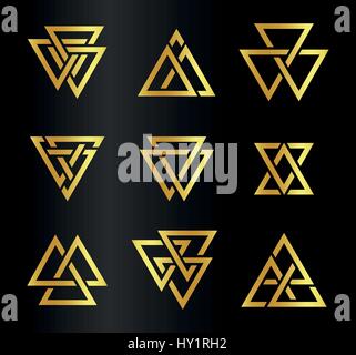 Isolated abstract golden color triangles contour logo set on black background, geometric triangular shape logotype collection,gold luxury decoration vector illustration Stock Vector