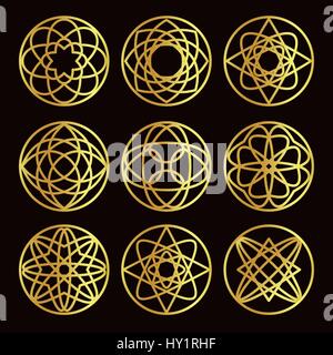 Isolated abstract round shape golden color logo set, decorative luxurious gold logotypes collection, floral pattern vector illustration on black background Stock Vector