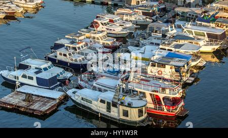 Belgrade, Serbia - Boats moored in a marina on the Sava River Stock Photo