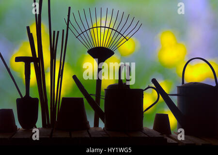 Gardening tools silhouettes against garden flowers. Stock Photo
