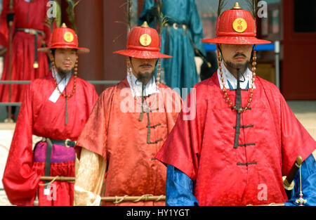 Image of Korean Imperial Guard Members during a ceremony at  the Gyeongbokgung Palace in Seoul, South Korea. Stock Photo