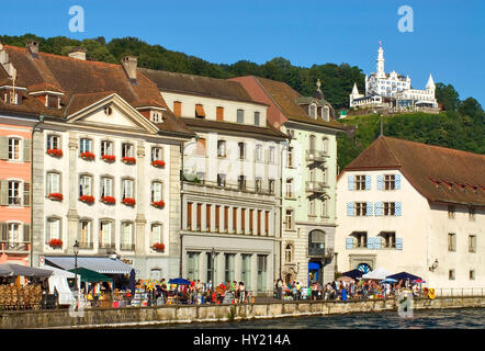 Image of a market at the historical old town of Lucerne at the Lake Lucerne in Central Switzerland. In the background you can see the Chateau Guetsch, Stock Photo