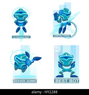 Home robots collection helping and replacing people in different activities. Blue chatbots icons Stock Vector