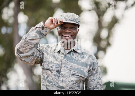 Portrait of happy military soldier in boot camp Stock Photo