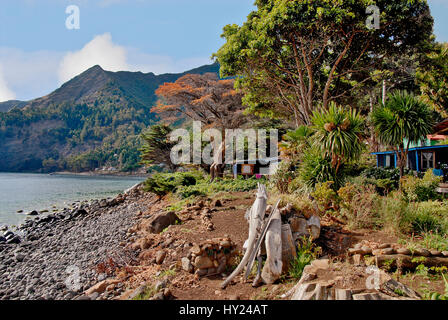 Image of the coast line and a house at the settlement on Robinson Crusoe Island, formerly known as Juan Fernandez, in Chile. Stock Photo