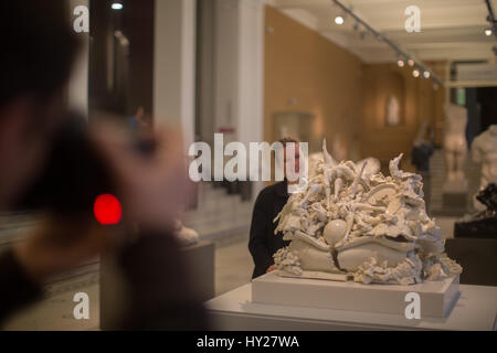 London, UK. 31st March 2017. Three of British artist Rachel Kneebone’s sculptures are presented in the Hintze Sculpture Galleries of the V&A Museum amongst Auguste Rodin's bronzes. Placed alongside these sculptures on the centenary of Rodin's death, this display highlights the artists’ shared interest in capturing emotive states while also offering a comparison between their choice of materials and techniques. Photo date: Friday, March 31, 2017. Photo credit should read: Roger Garfield/Alamy Live News Stock Photo