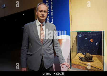 Madrid, Spain. 09th Mar, 2017. Santiago Merino, director of the Museo Nacional de Ciencias Naturales (National Museum of Natural Sciences), seen in the museum in Madrid, Spain, 09 March 2017. After having spent eight decades in a display case in Madrid, the meteorite of Colomera has become private property. Spain's most famous cosmic rock had previously provided insights to NASA for its lunar missions. Photo: Ana Lazaro/dpa/Alamy Live News Stock Photo